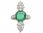 Belle Èpoque Colombian emerald and diamond vertical three stone ring