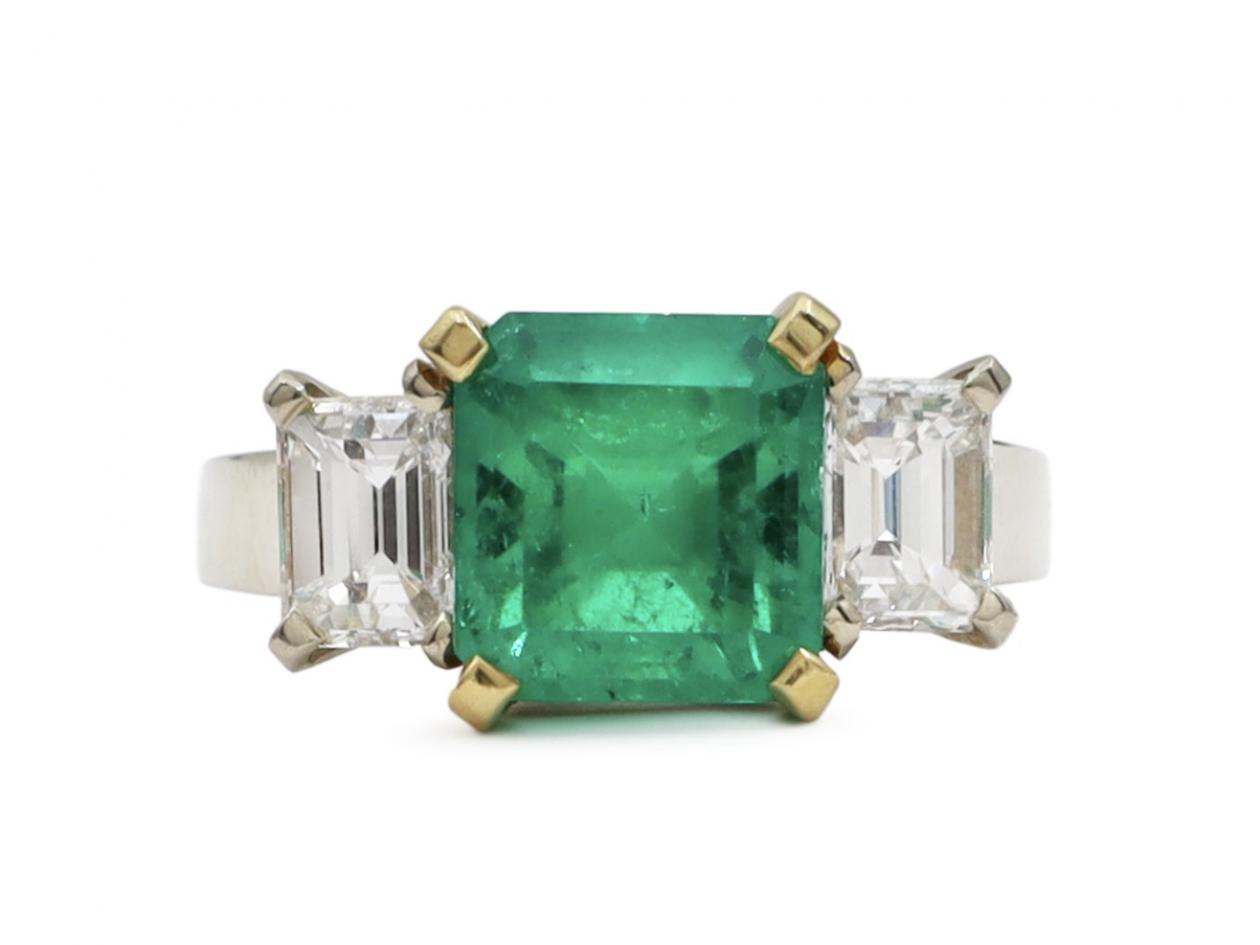 2.60ct Muzo Colombian emerald and diamond three stone ring