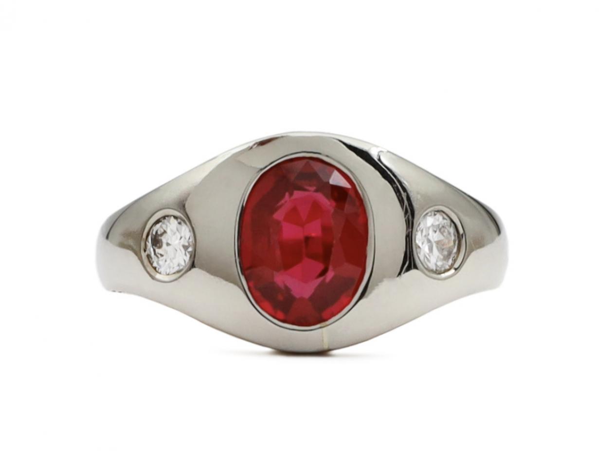 Art Deco synthetic ruby and diamond three stone bombe ring