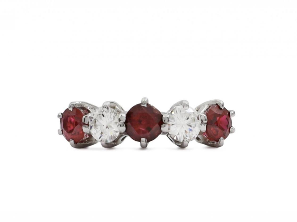 Modern ruby and diamond five stone ring in 18kt white gold