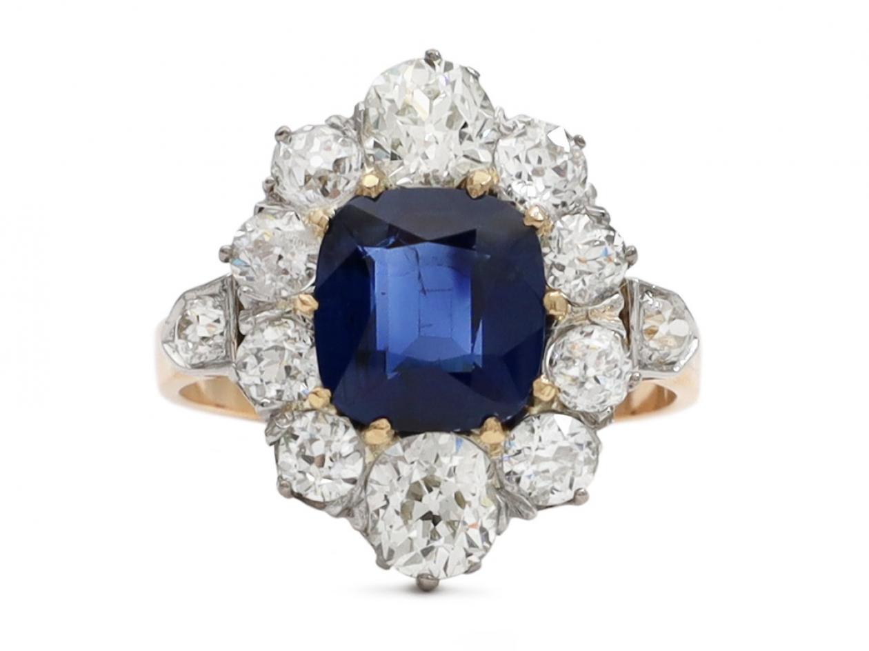 Belle époque sapphire and diamond coronet cluster engagement ring