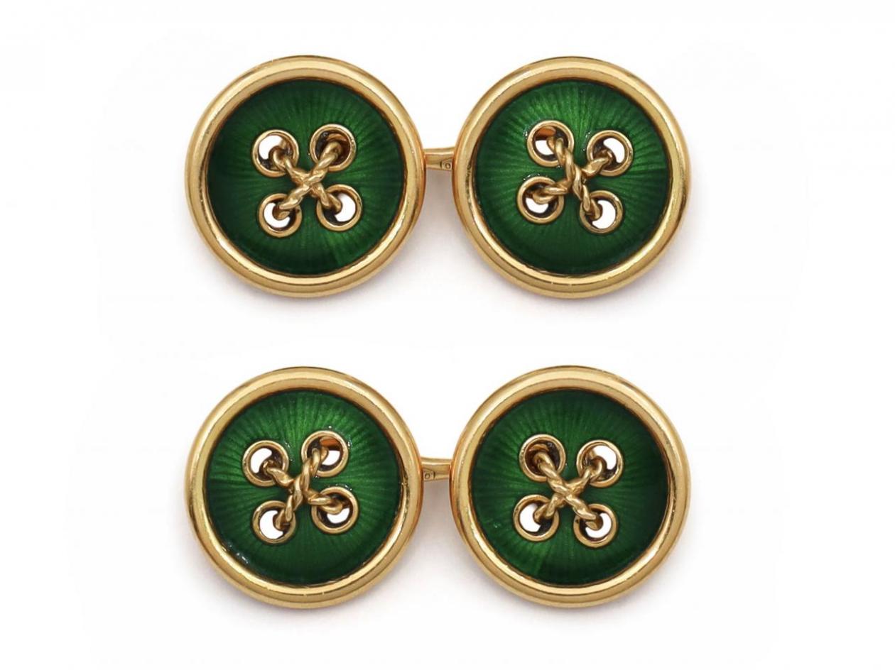 Vintage green enamel and 18kt yellow gold double button cufflinks