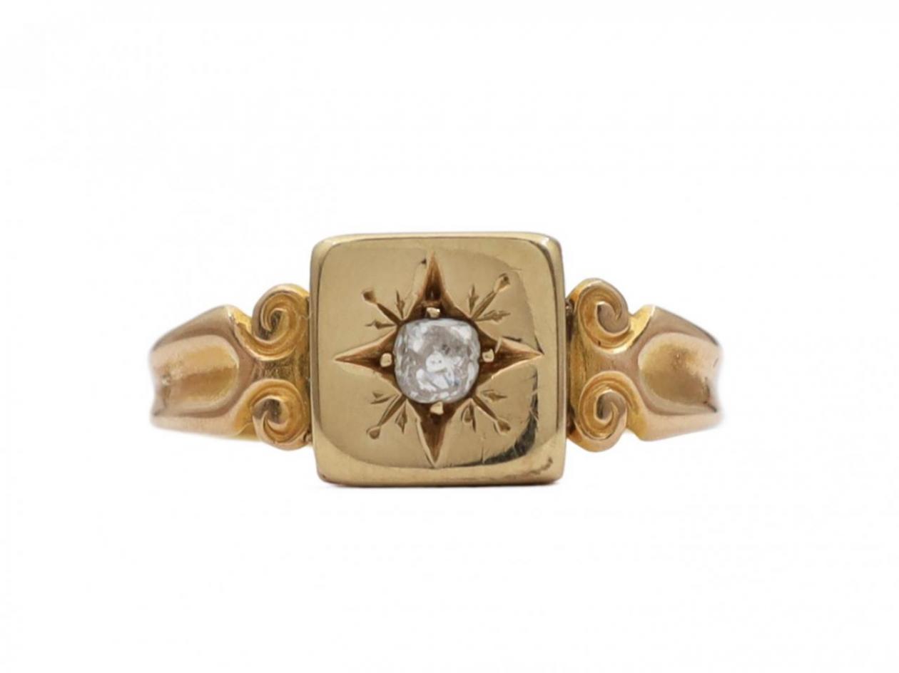 Antique diamond square plaque gypsy ring in 15kt yellow gold