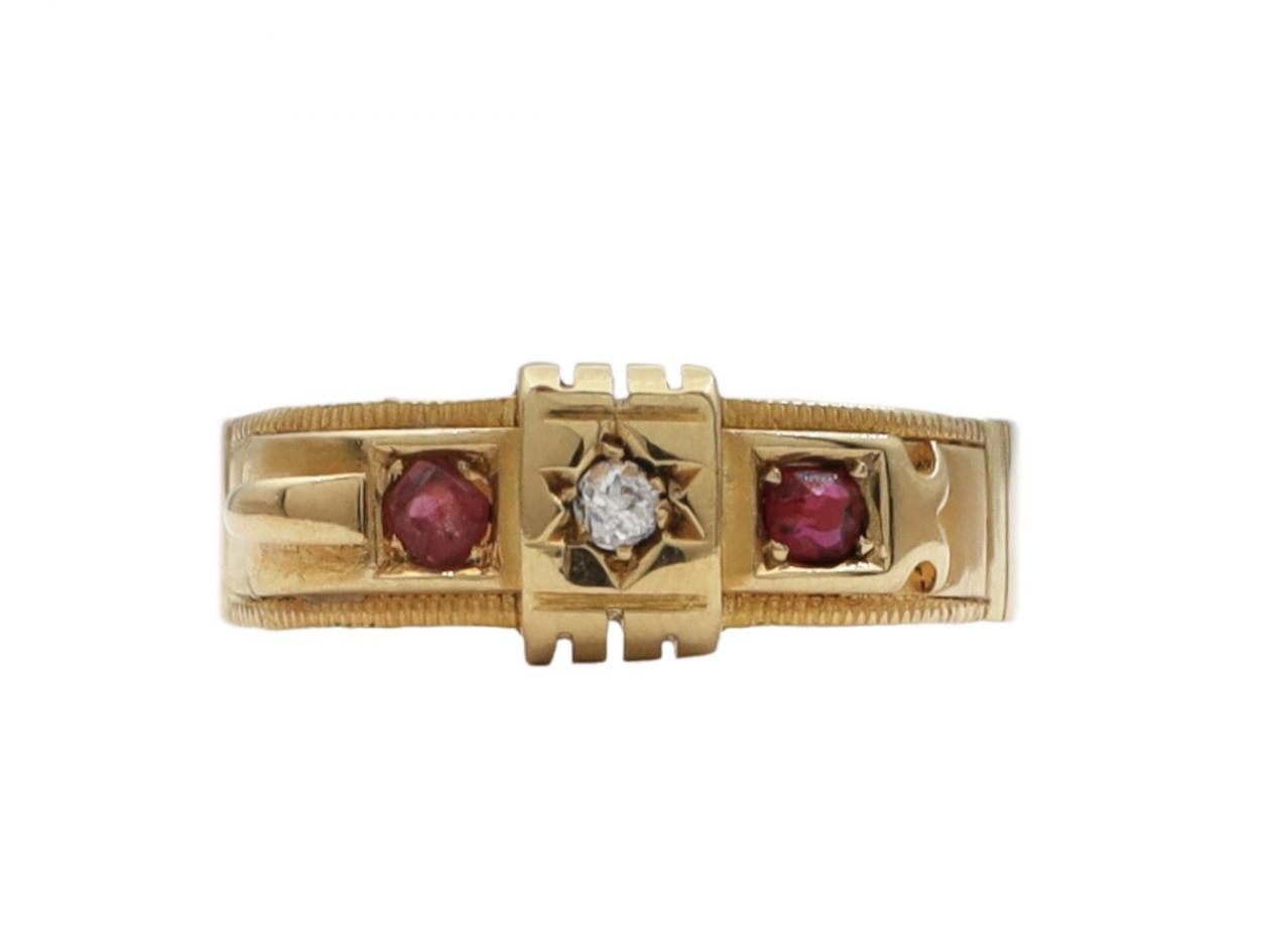 Antique diamond and ruby buckle ring in 18kt yellow gold