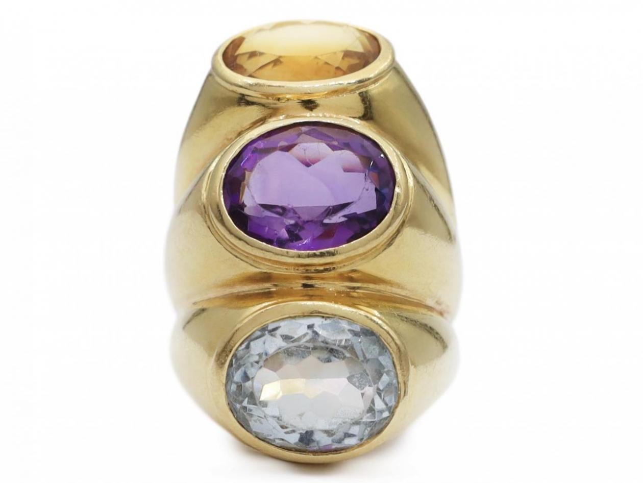 Retro Italian vertical three stone citrine, amethyst and blue topaz ring