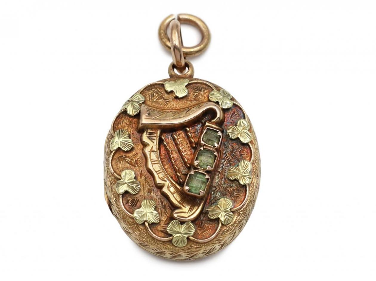 Antique Irish oval harp and shamrock locket