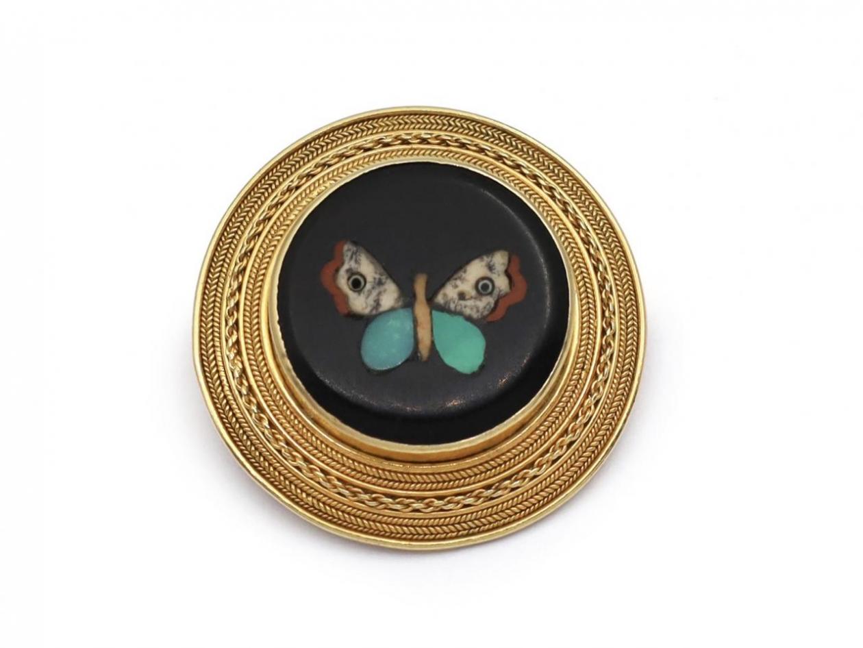 Victorian circular pietra dura butterfly brooch in 18kt gold