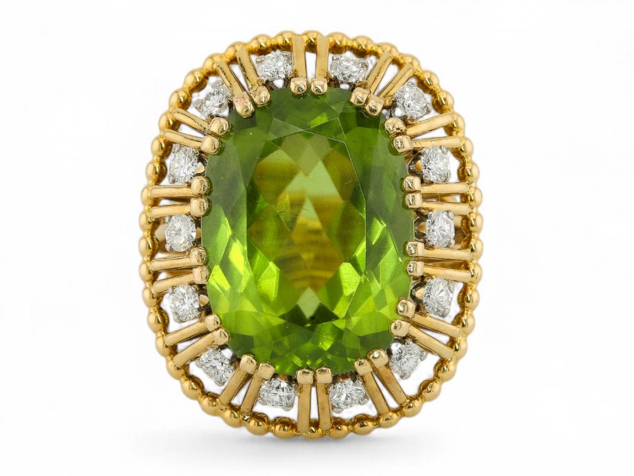 Retro 1950s peridot and diamond cocktail ring in 18kt gold