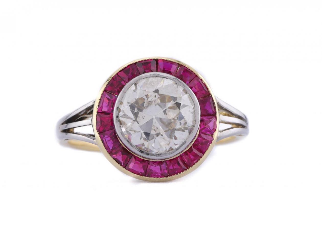 Art Deco Diamond & Ruby Target Ring – 18kt Gold & Platinum