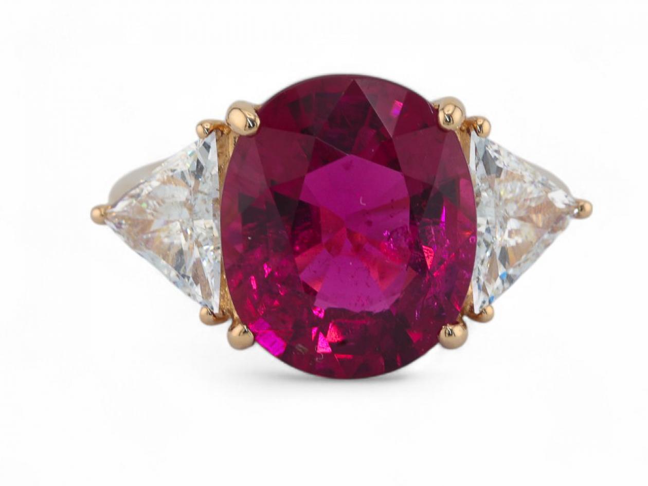 Contemporary Rubellite And Trillion Cut Diamond Three Stone Cocktail Ring In 18kt Rose Gold