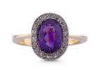 Early Art Deco Oval Amethyst And Rose Cut Diamond Cluster Ring In Platinum And 18kt Yellow Gold