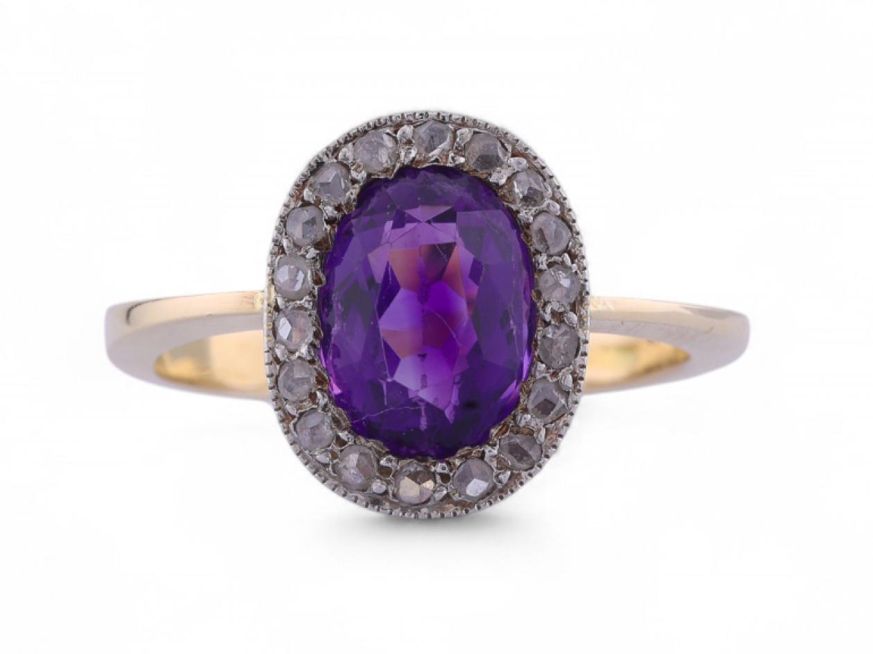 Early Art Deco Oval Amethyst And Rose Cut Diamond Cluster Ring In Platinum And 18kt Yellow Gold