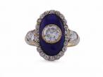 Victorian Diamond Set Oval Blue Enamel Plaque Ring In 15kt Yellow Gold