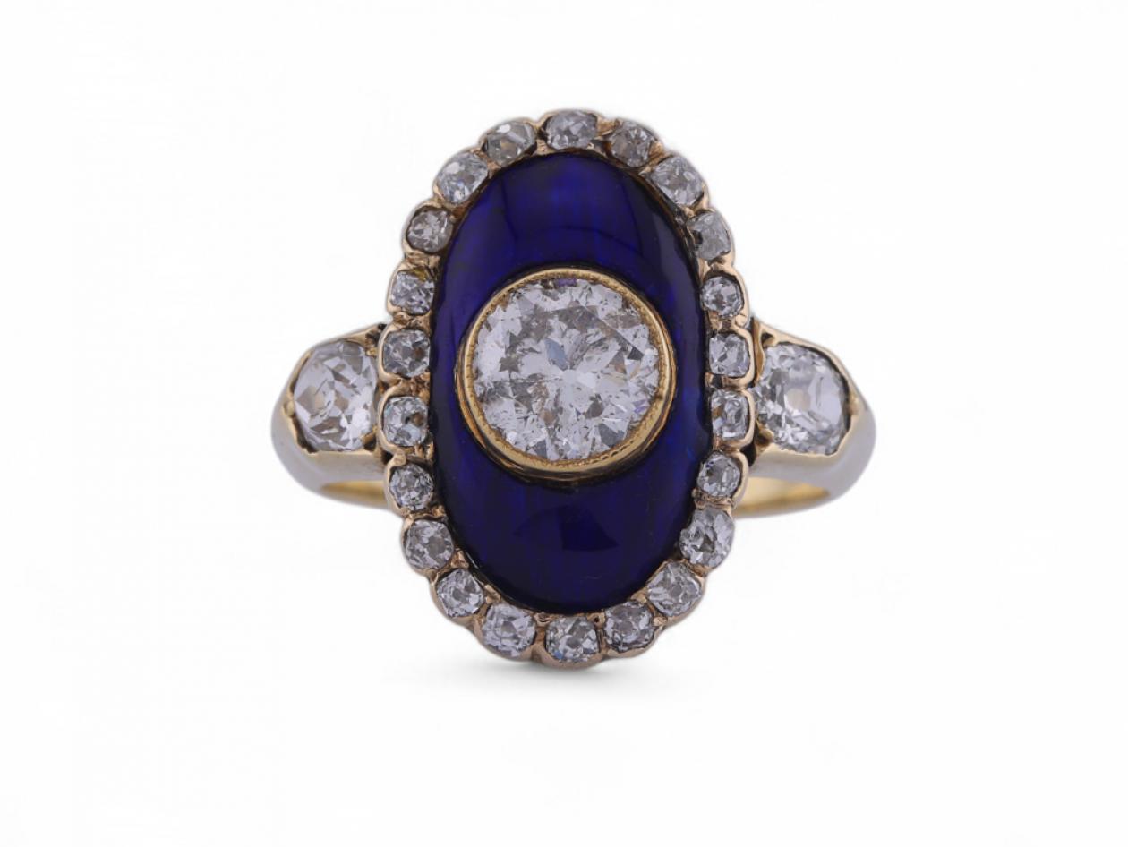 Victorian Diamond Set Oval Blue Enamel Plaque Ring In 15kt Yellow Gold