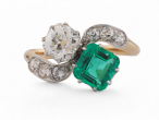 Edwardian emerald and Old Mine cut diamond 'toi et moi' engagement ring in platinum and 18kt yellow gold – Matthew Weldon