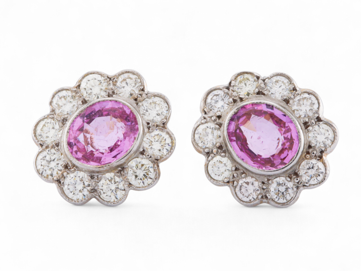 Edwardian Style Pink Sapphire And Diamond Daisy Cluster Stud Earrings in Platinum and 18kt Yellow Gold