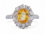 Vintage fancy yellow sapphire and old mine cut diamond oval cluster ring in platinum – Matthew Weldon