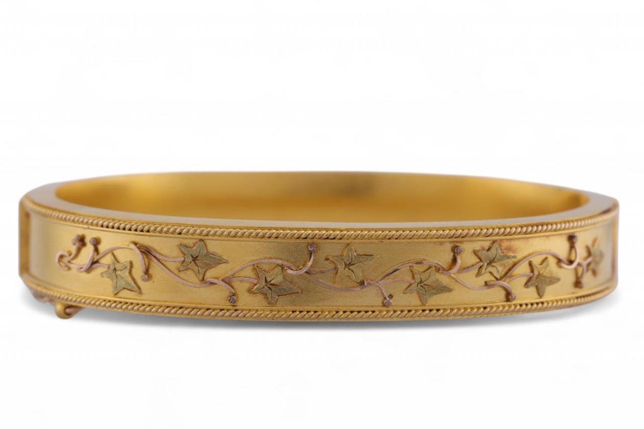 Victorian 15kt yellow and green gold hinged ivy bangle with rope twist border – Matthew Weldon