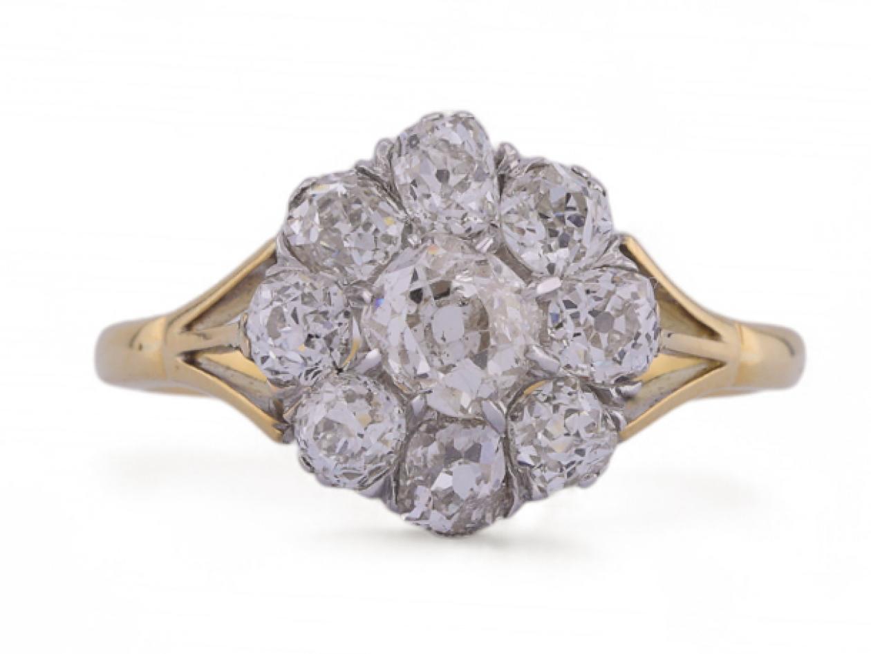 Antique Old Mine cut diamond coronet cluster ring in 18kt yellow gold – Matthew Weldon