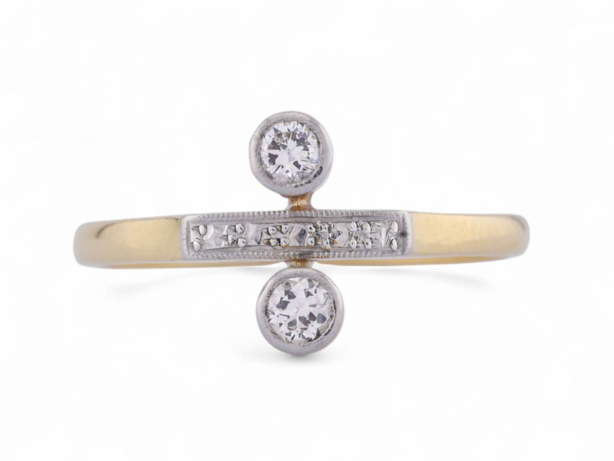 Art Deco division symbol diamond ring with Old European cut diamonds in 18kt gold and platinum – Matthew Weldon