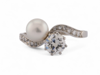 Edwardian Natural Pearl And Diamond 'Toi et Moi' Ring In Platinum