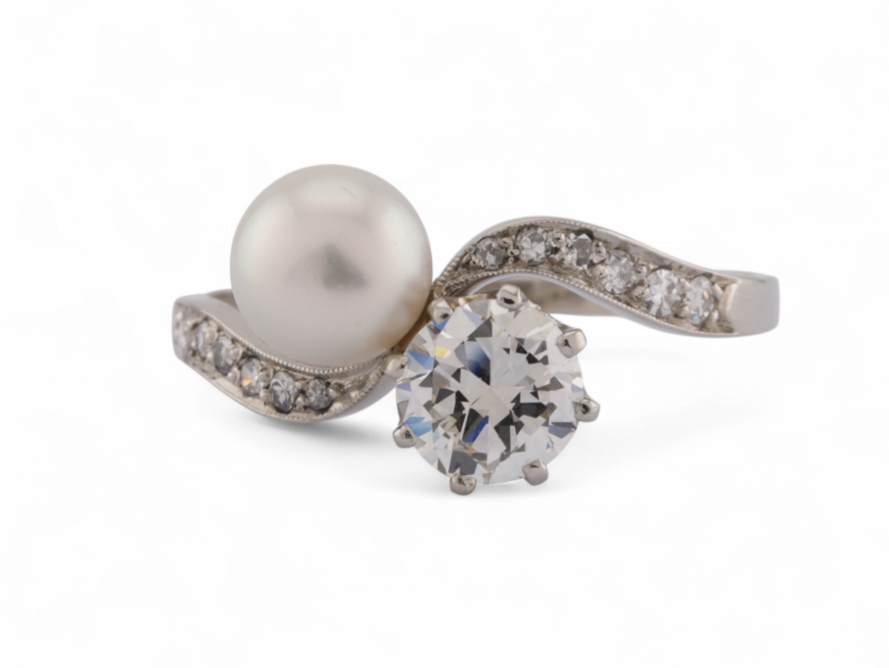 Edwardian Natural Pearl And Diamond 'Toi et Moi' Ring In Platinum