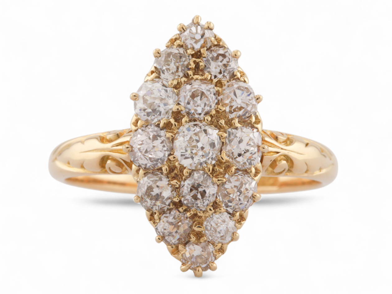 Victorian 18kt gold navette cluster ring with Old Mine cut diamonds – Matthew Weldon