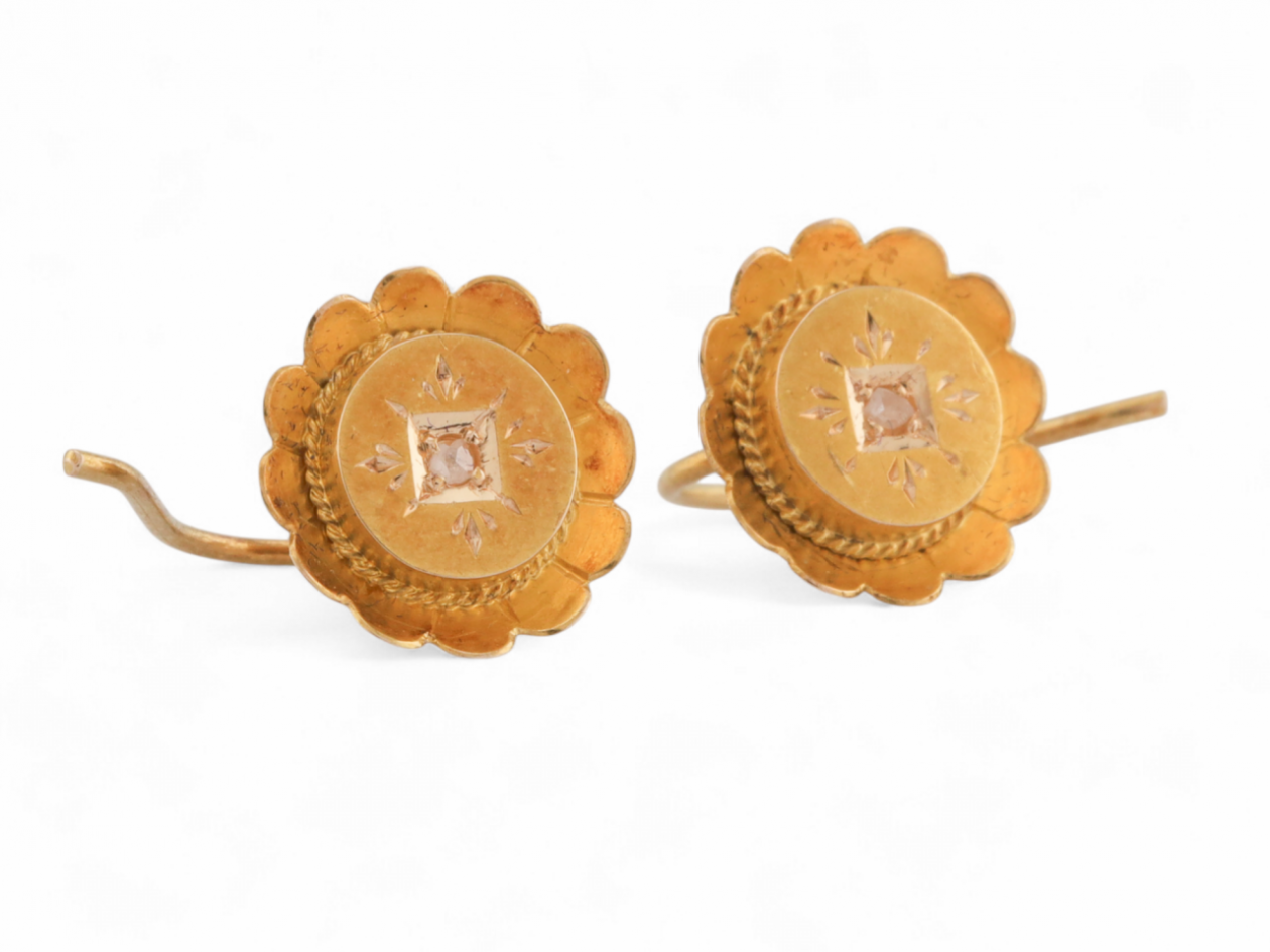 1885 Rose Cut Diamond Set Floral Drop Earrings In 15kt Yellow Gold