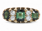 Antique Green Tourmaline And Diamond Three Stone Carved Ring In 18kt Yellow Gold