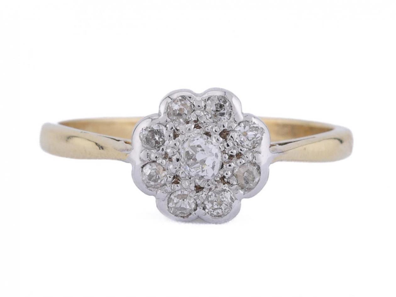 1950s Old Mine cut diamond floral cluster ring in platinum and 18kt yellow gold – Matthew Weldon