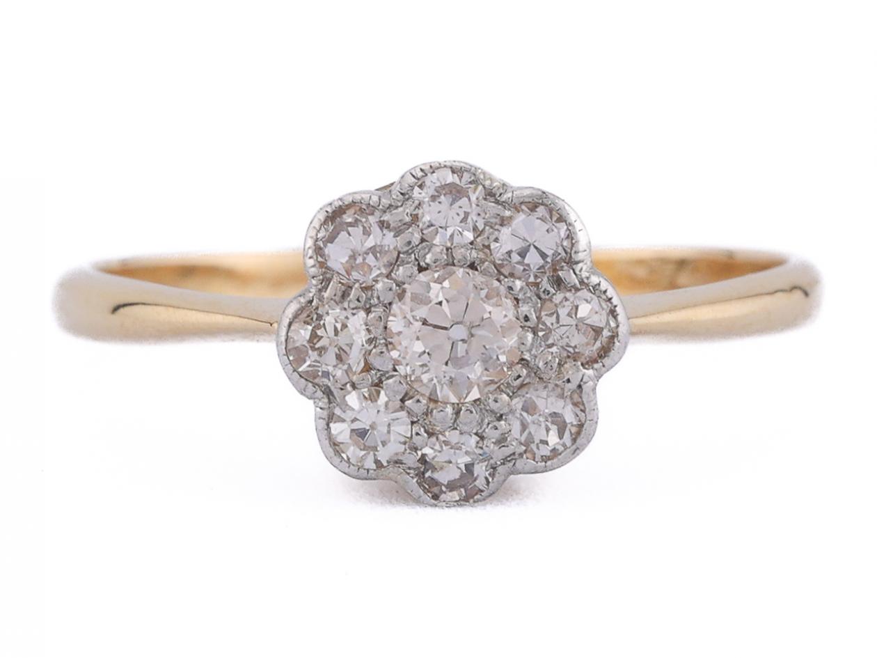 Antique Old Mine and eight cut diamond floral cluster ring in platinum and 18kt yellow gold – Matthew Weldon