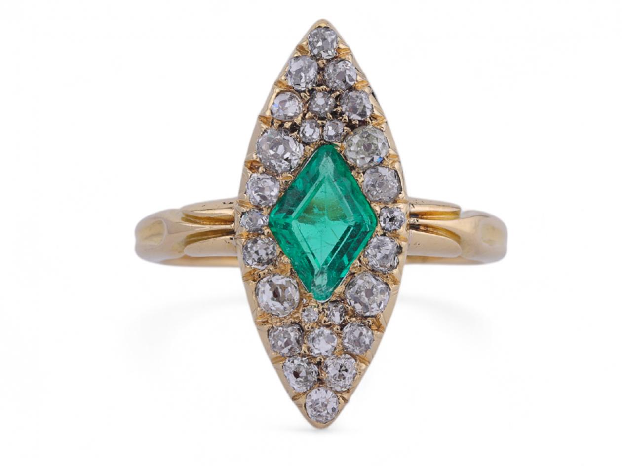 Antique Emerald And Diamond Navette Ring In 18kt Yellow Gold