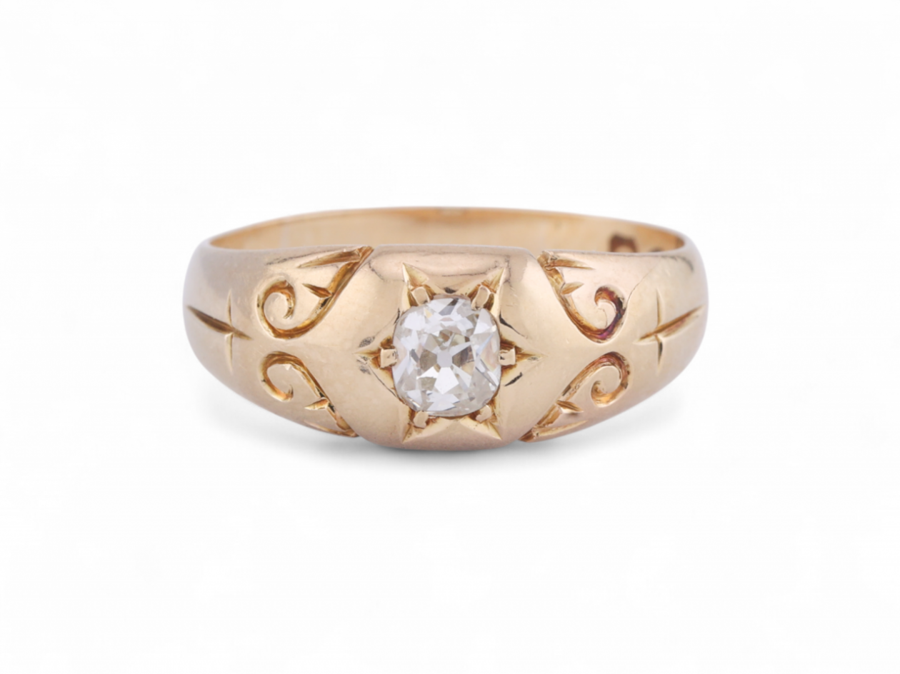 1903 Old Mine Cut Diamond Set Gypsy Carved Ring in 18kt Yellow Gold