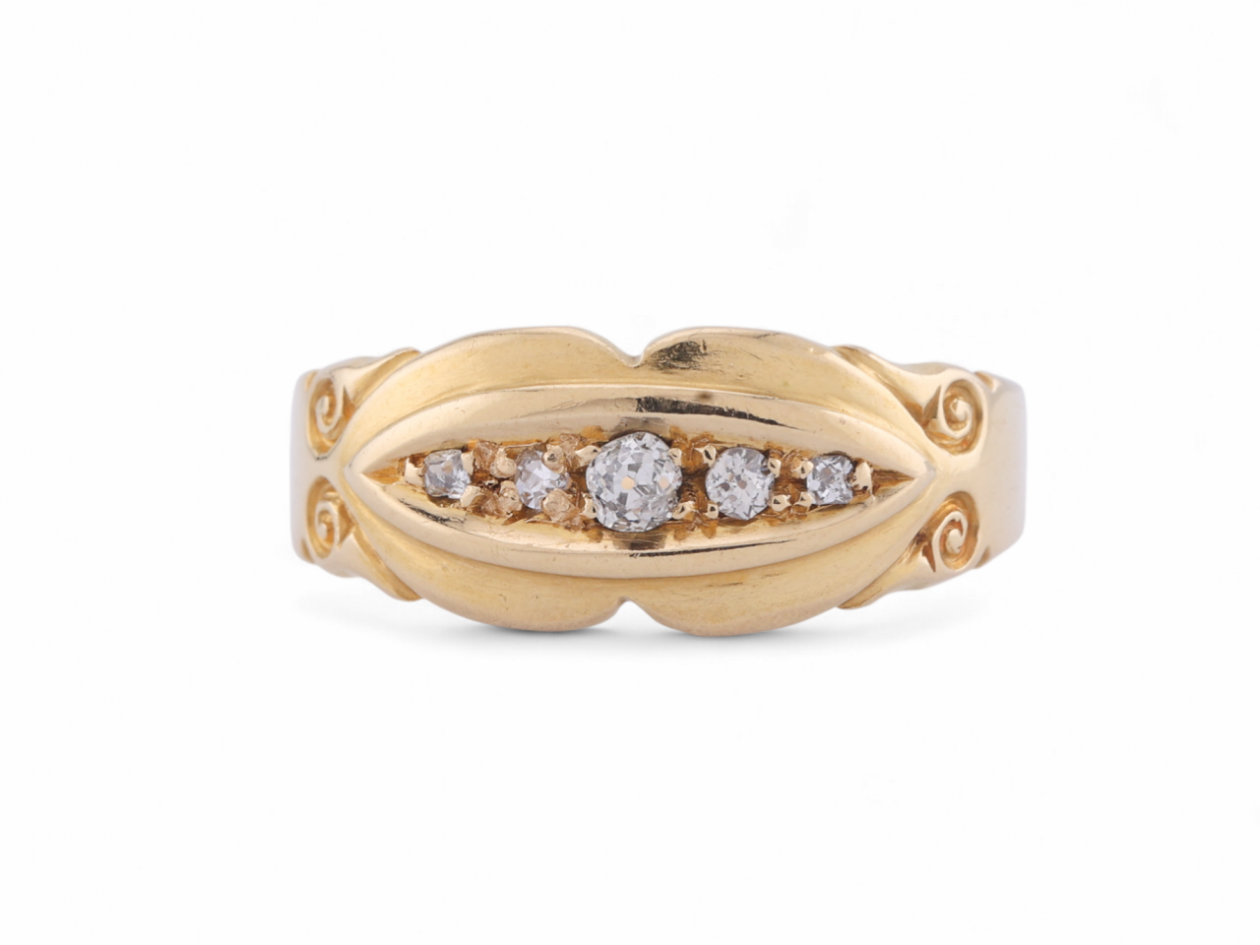 Edwardian Diamond Five Stone Carved Gypsy Ring In 18Kt Yellow Gold
