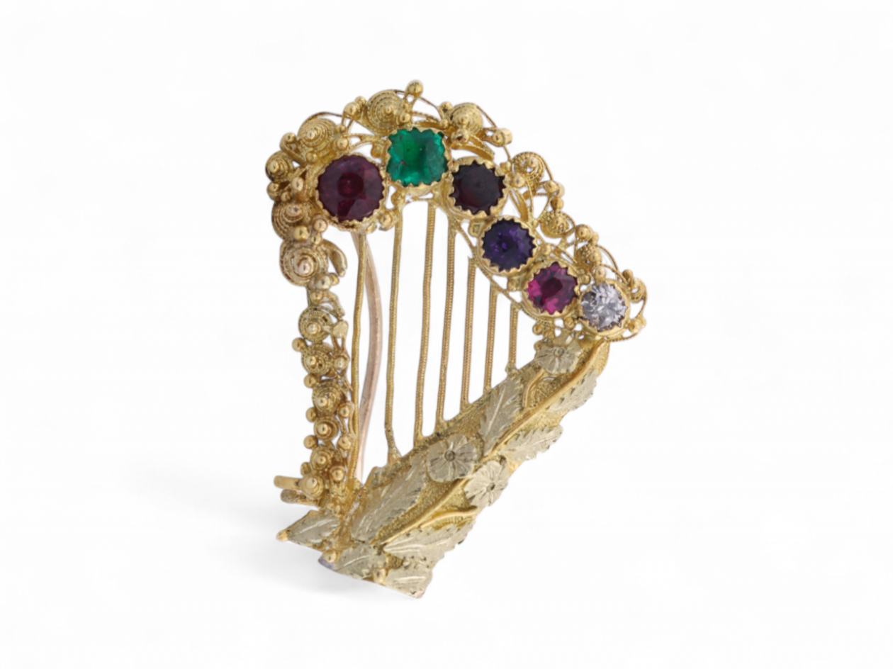 Antique yellow gold harp brooch with acrostic REGARD gemstones – Courtville Antiques
