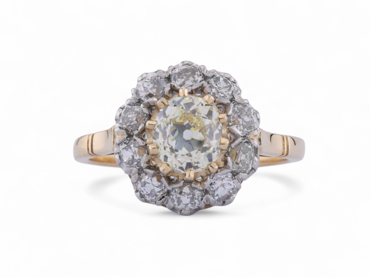 Vintage 1.10ct pale yellow Old Mine cut diamond coronet cluster ring in yellow gold – Courtville Antiques