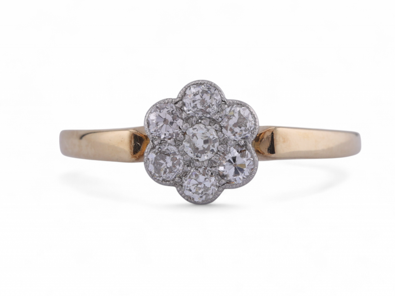 Edwardian old mine cut diamond daisy cluster ring in 18kt yellow gold and platinum – Courtville Antiques