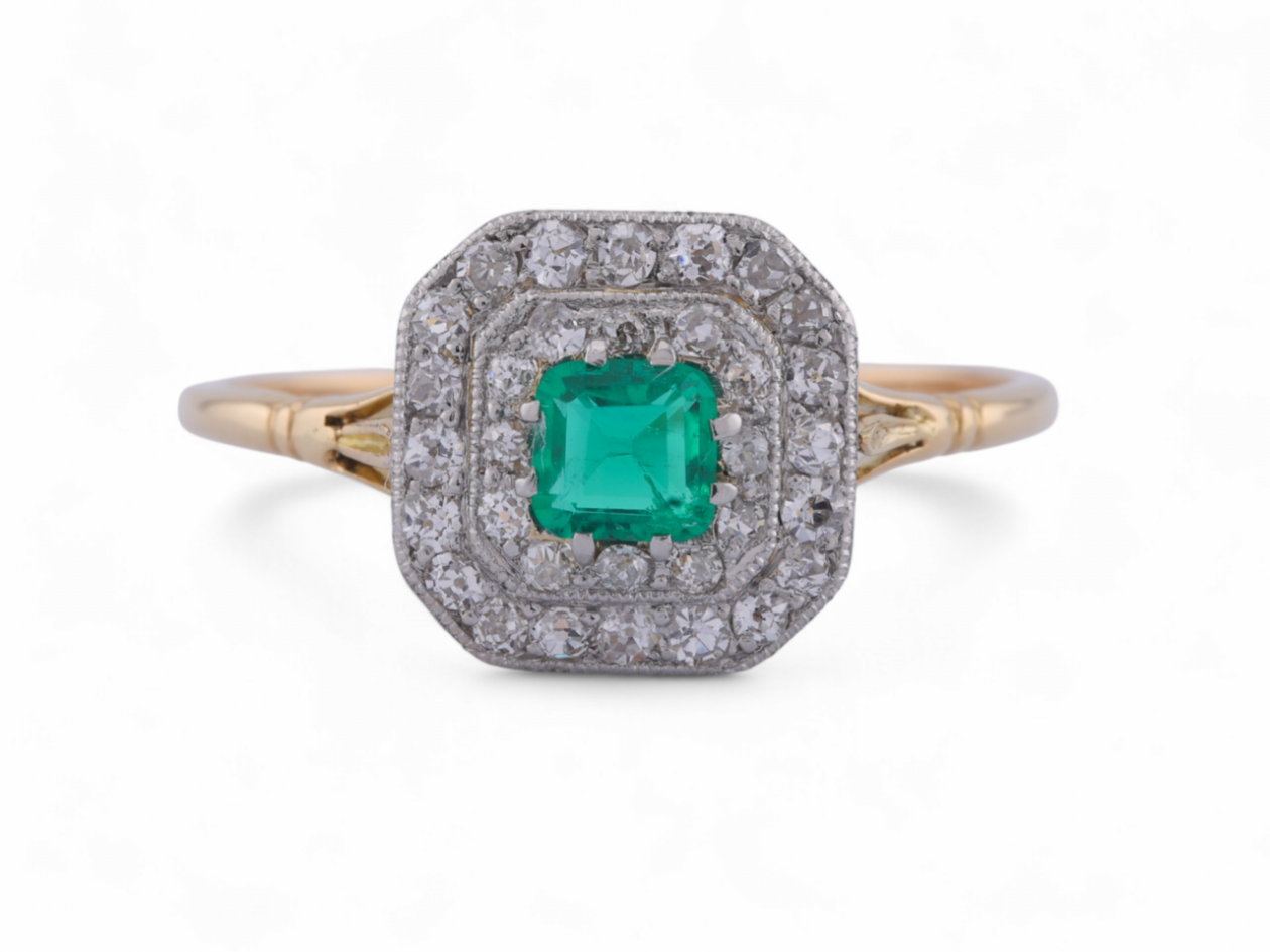 Early Art Deco emerald and diamond octagonal cluster ring in 18kt yellow gold and platinum – Courtville Antiques