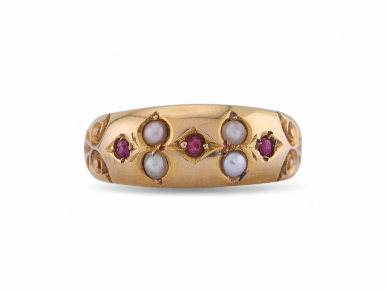 1892 ruby and seed pearl gypsy ring in 15kt yellow gold with Chester hallmark – Courtville Antiques