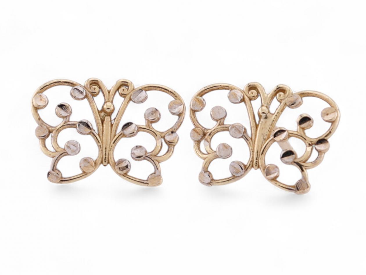 Vintage butterfly stud earrings in 14kt yellow and white gold by Courtville Antiques