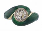 Vintage old mine cut diamond and green enamel ring in 18kt yellow gold | Courtville Antiques