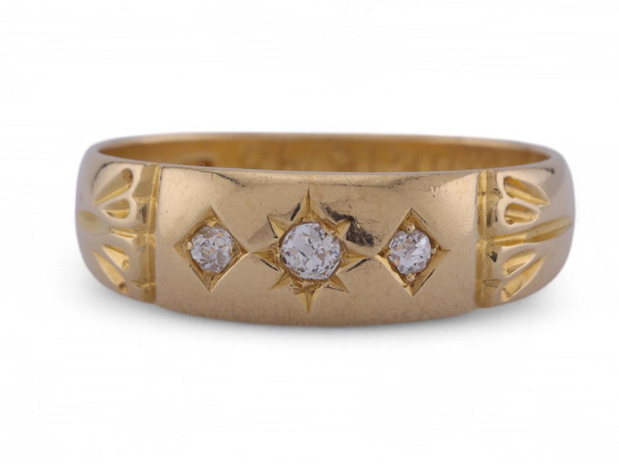 1891 diamond three stone gypsy ring in 18kt gold | Courtville Antiques