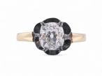 Antique style old mine cushion cut diamond ring in silver and 18kt yellow gold