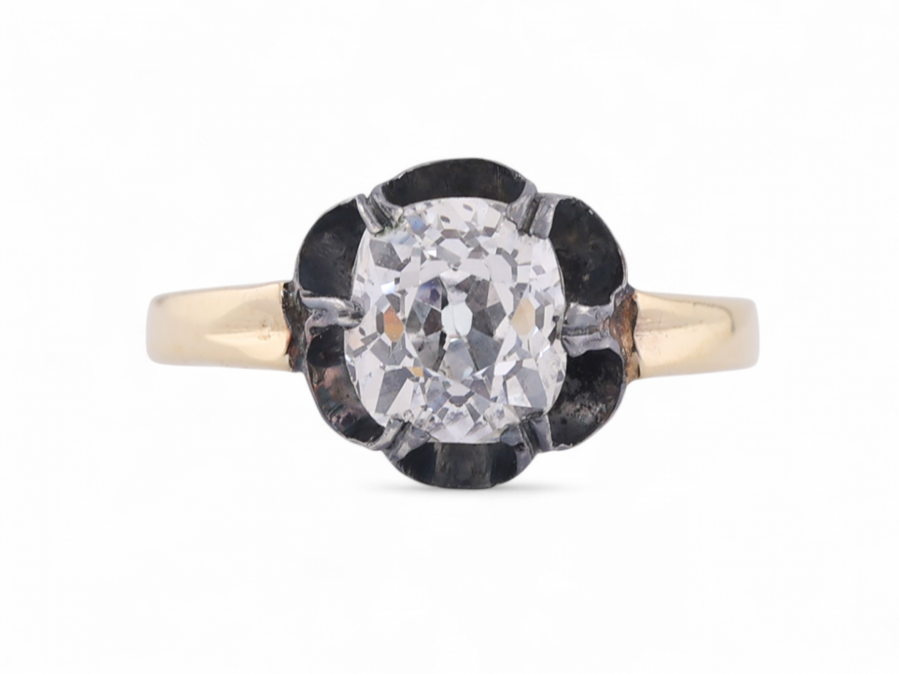 Antique style old mine cushion cut diamond ring in silver and 18kt yellow gold