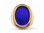 Vintage blue paste cameo signet ring in 18kt yellow gold carved with “Man’s Best Friend” motif