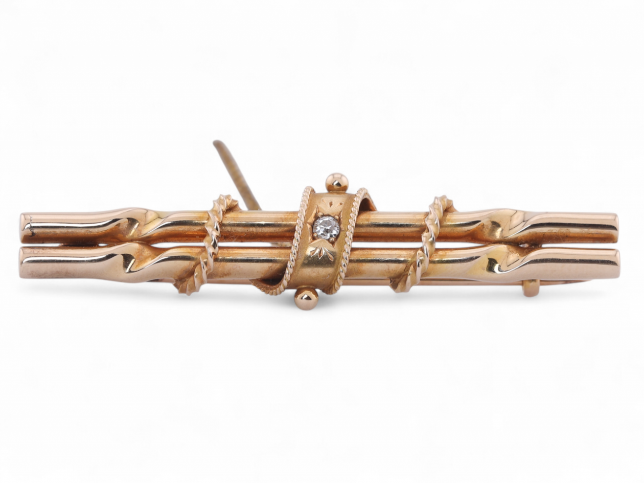 Antique Diamond Set Bar Brooch In 15kt Yellow Gold