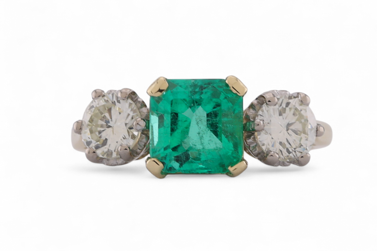 Vintage Emerald And Round Brilliant Diamond Three Stone Ring