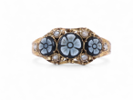 Victorian Floral Banded Onyx Cameo And Seed Pearl Ring In 15kt Yellow Gold