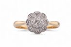 Edwardian Old Mine Cut Diamond Daisy Cluster Ring In Platinum And 18kt Yellow Gold