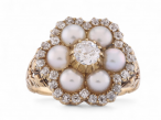 Victorian Pearl and Diamond Floral Cluster Ring In 18kt Yellow Gold